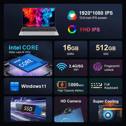 15.6" Windows 11 laptops Computer Intel CORE i3 5005 16GB RAM 1/2TB SSD Notebook Gamer Computer PC Fingerprint unlocking Laptops