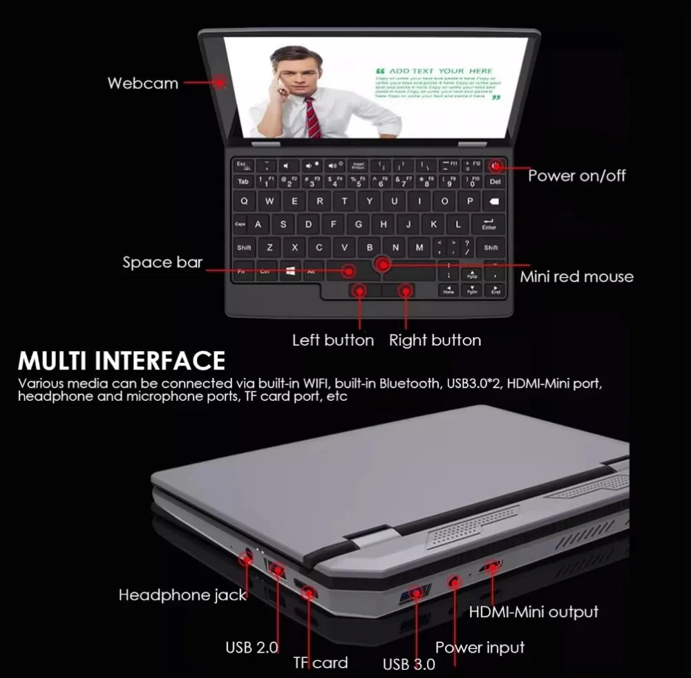 2025 Portable Mini Notebook Laptop Micro Computer 7 Inch Touch Screen Intel N95 8G 16G+512GB IPS Netbook Win 11 Pro PC 2.0MP CAM