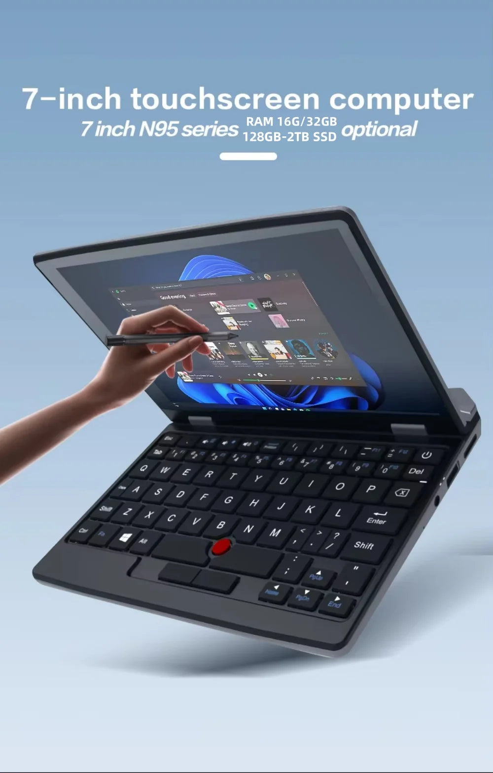 2025 Portable Mini Notebook Laptop Micro Computer 7 Inch Touch Screen Intel N95 8G 16G+512GB IPS Netbook Win 11 Pro PC 2.0MP CAM