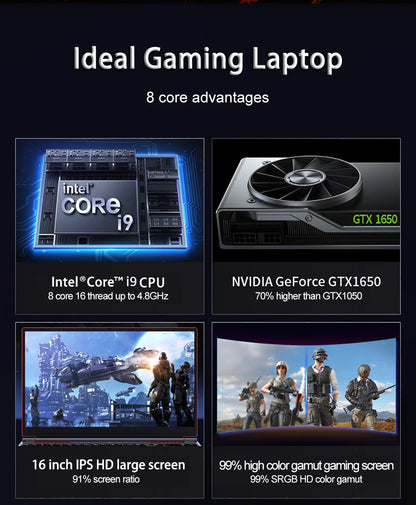 2025 New Gaming Laptop Computer Intel Core i9-10885H i7 8750H GTX1650 4G 16.1 Inch IPS Screen RAM Max 64GB 2*DDR4 2*M.2 NVMe