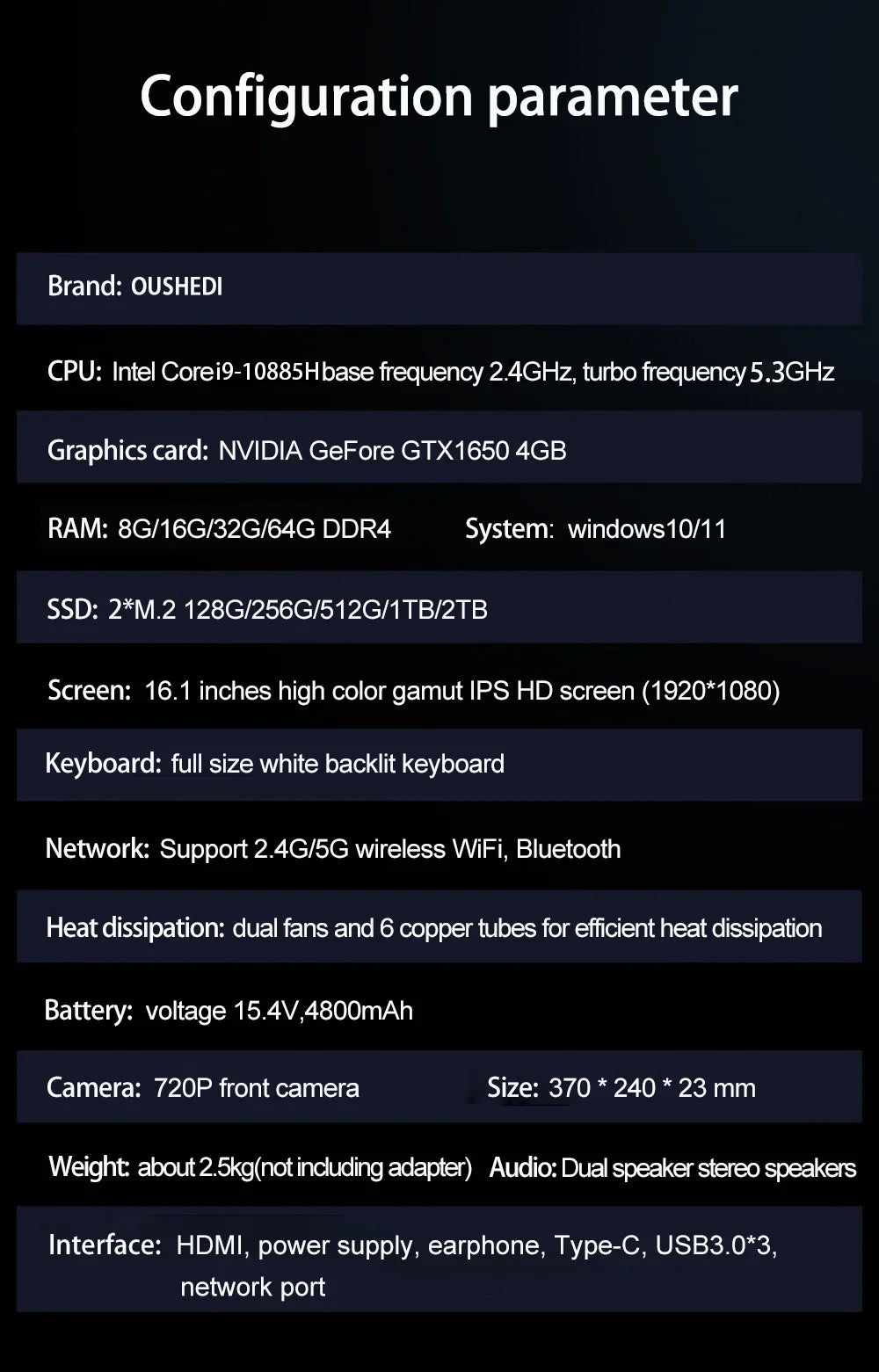 2025 New Gaming Laptop Computer Intel Core i9-10885H i7 8750H GTX1650 4G 16.1 Inch IPS Screen RAM Max 64GB 2*DDR4 2*M.2 NVMe