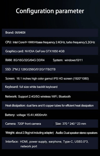 2025 New Gaming Laptop Computer Intel Core i9-10885H i7 8750H GTX1650 4G 16.1 Inch IPS Screen RAM Max 64GB 2*DDR4 2*M.2 NVMe
