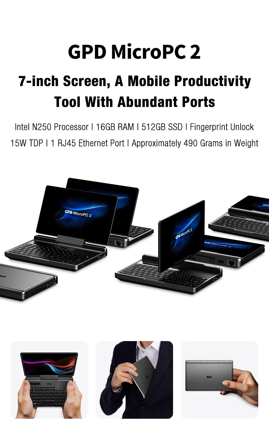 2025 New GPD MicroPC 2 7Inches Mini Industry Laptop Intel® Core™ i3-N300 16GB/512GB Windows 11 Portable Computer Notebook